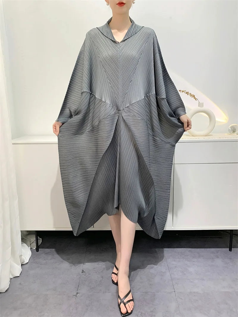 Pleated Dress Women's Bat wings loose  Splicing Solid Color Mid-length Skirt
