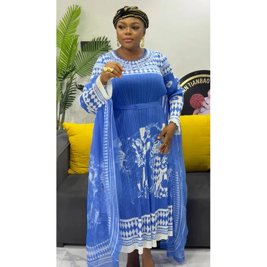 Pleated Maxi Dress 2025 Summer New Elegant Round Neck Long Sleeve Fashion Printed Lace Long Dresses for Women
