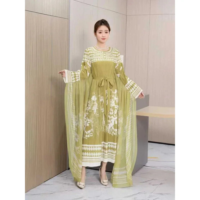 Pleated Maxi Dress 2025 Summer New Elegant Round Neck Long Sleeve Fashion Printed Lace Long Dresses for Women