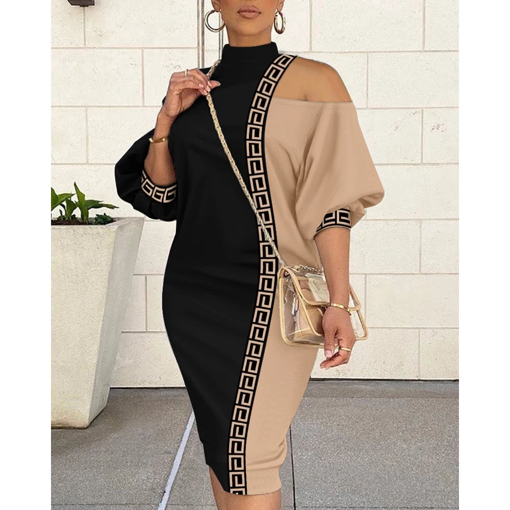 Lantern Sleeve Loose Dress Women Half Sleeve Cutout Colorblock Midi