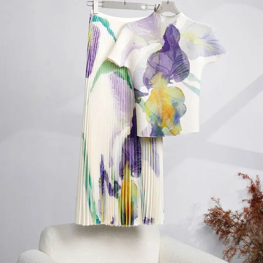 Women Pleated Flower Print Short Sleeve T-Shirt With A-Line Pleated Long Skirt Set Two Piece Suit