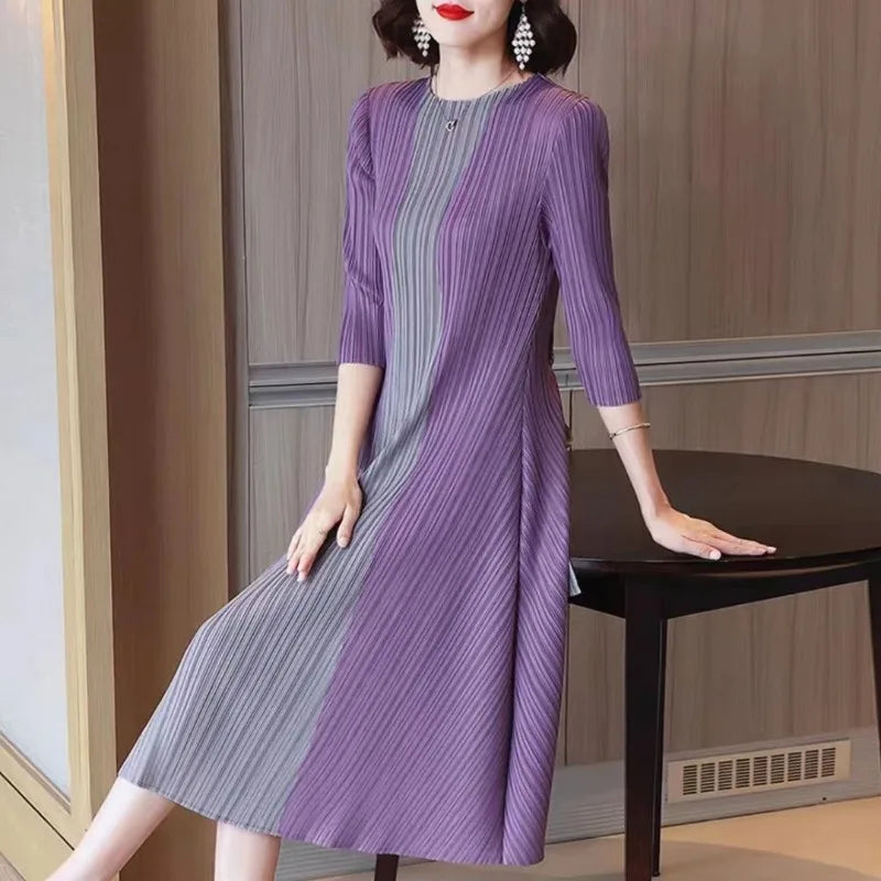 Women Vintage Elegant Summer Casual O Neck 3/4 Sleeve Loose Midi Dress