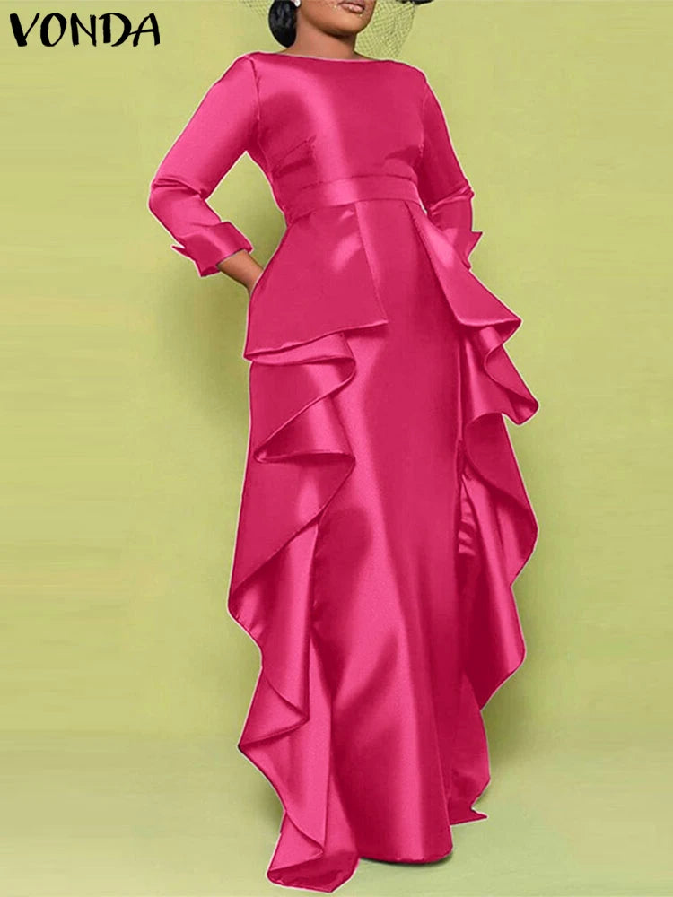 Maxi Long Dress Women Elegant Satin Dress Ruffle Sundress
