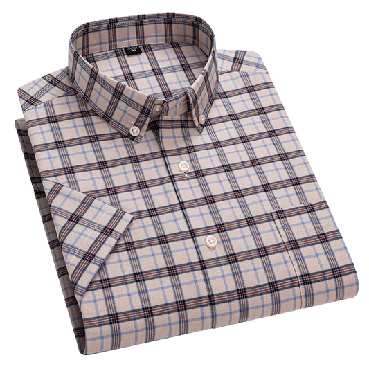 Cotton Summer Stripe Shirts Short Sleeve Oxford Plaid Slim Fit