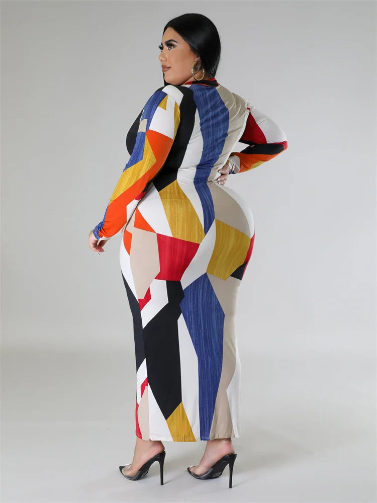 Women Printed Fashion Long Sleeve Bodycon Maxi Dresses