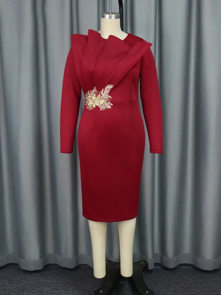 Elegant Church Dresses  Women Party Bodycon Long Sleeves with Lace Appliques Sheath Dress