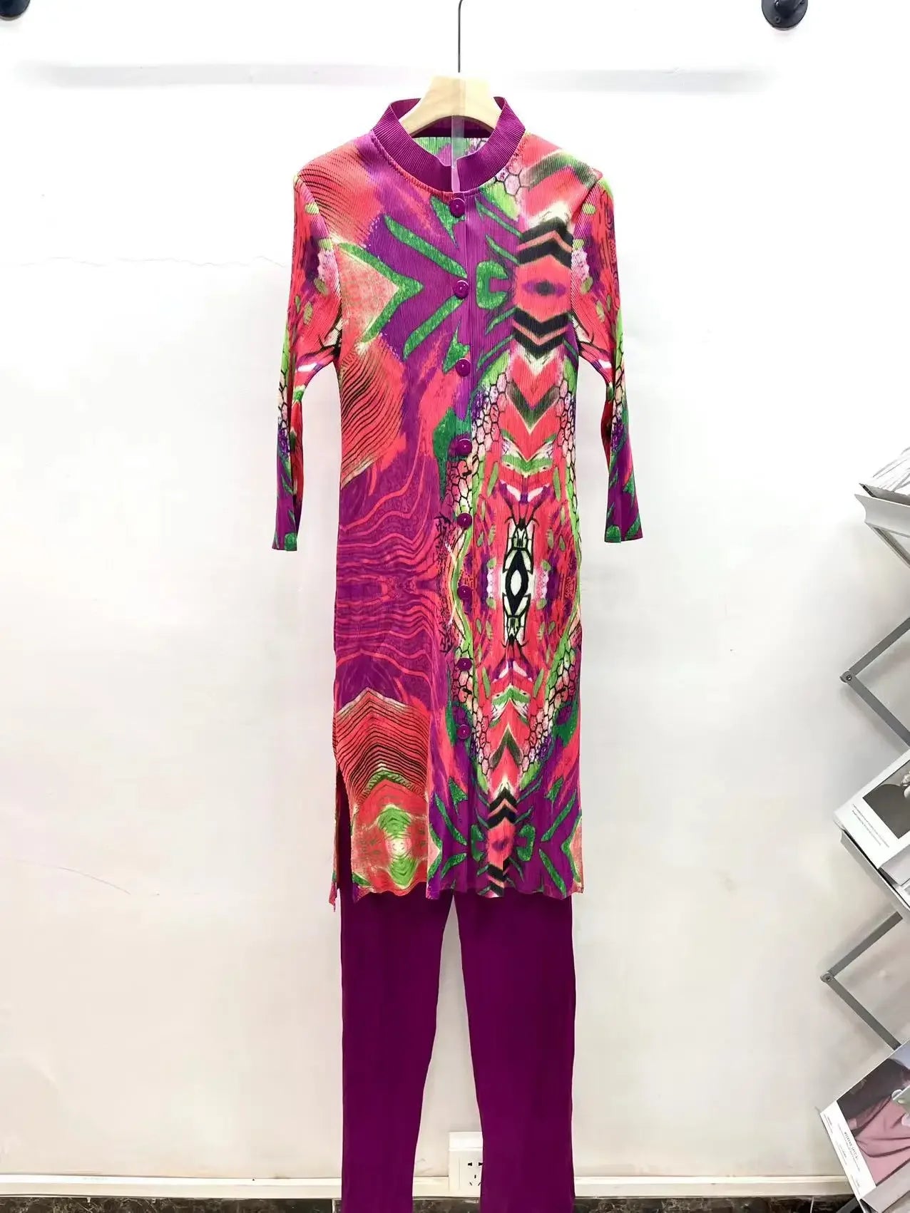 Miyake Pleated Printed Cardigan Stand-up Collar Long Top + High-waisted Versatile Straight-leg Pants 2-piece Set