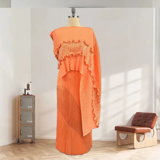 Free Size Pleated Skirt Suit One-shoulder Top + long Skirt Women's 2-piece Set