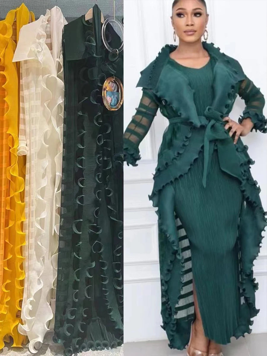 Pleated Set Solid Flounced Full Sleeved Evening Party Two Piece Sets Women