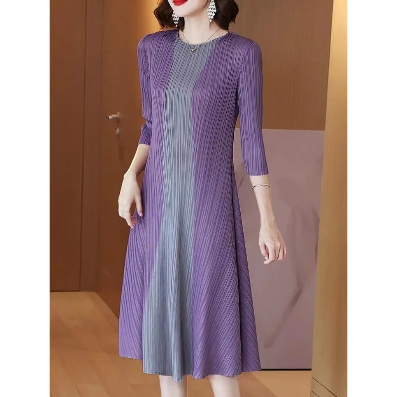Women Vintage Elegant Summer Casual O Neck 3/4 Sleeve Loose Midi Dress