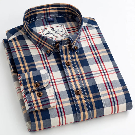 England Style Casual Checkered Shirts Pocketless Button-down Cotton  Long Sleeve Standard-fit Plaid Shirt