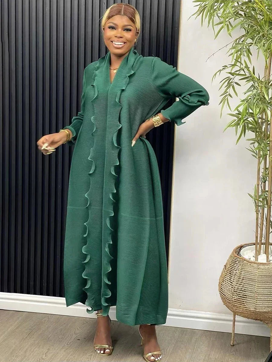 Pleated Maxi Long Dress Solid Ruffles Full Sleeve with Belt Formal Dresses