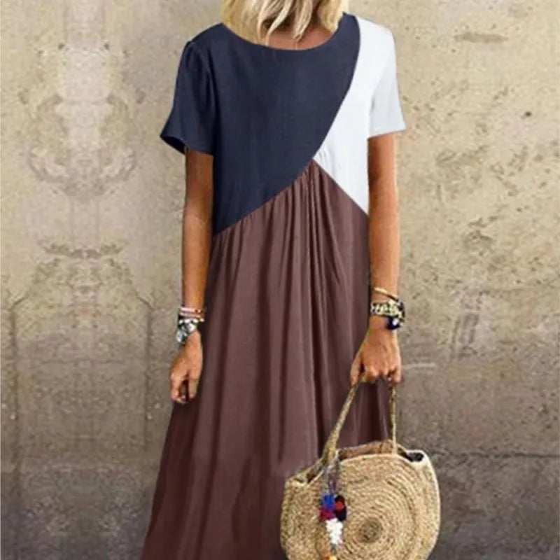 Spring And Summer Women's  Splicing Dress Casual Short Sleeved Round Neck Beach Long Dress