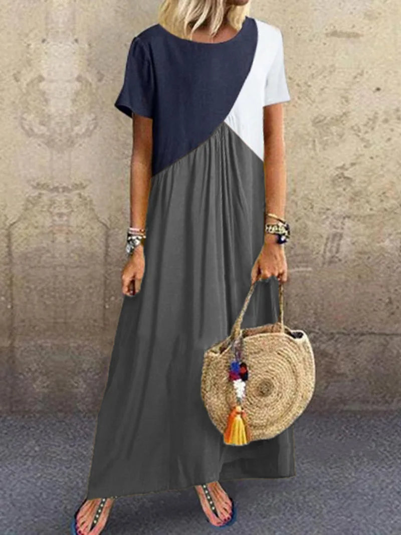 Spring And Summer Women's  Splicing Dress Casual Short Sleeved Round Neck Beach Long Dress