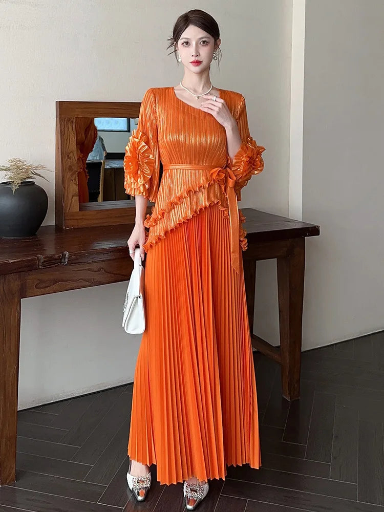 Free Size Pleated Women's Suit Irregular Top + High Waist Long Half Skirt Two-piece Set