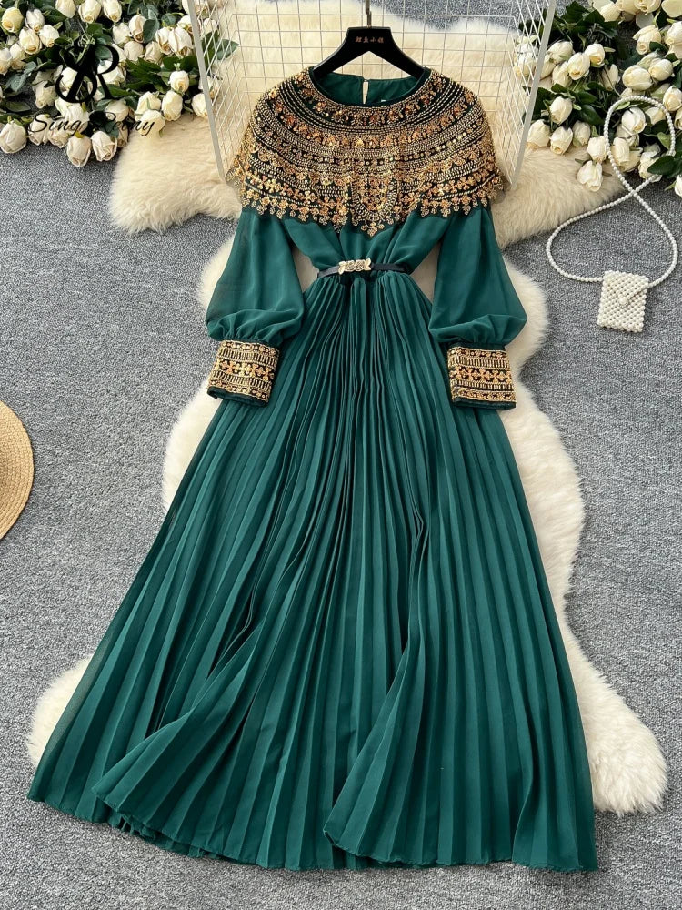 Sequined Vintage Long Dress Lantern Sleeves French Style Sashes Beading Pleated Maxi Dress