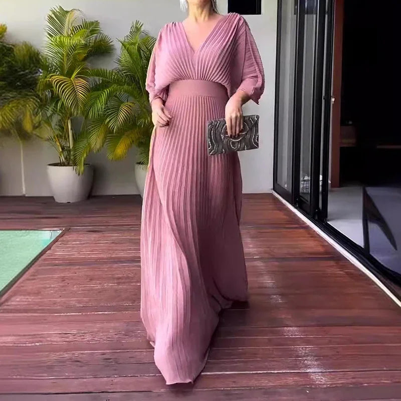 Women's Casual 3/4 Sleeved Dresses Summer Hollow Backless Pleated Long Dress Elegant V-neck High Waist Evening Dress