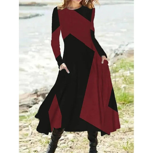 Autumn And Winter Women's Long Sleeve Swing Long Dress Retro Geometric Print Round Neck