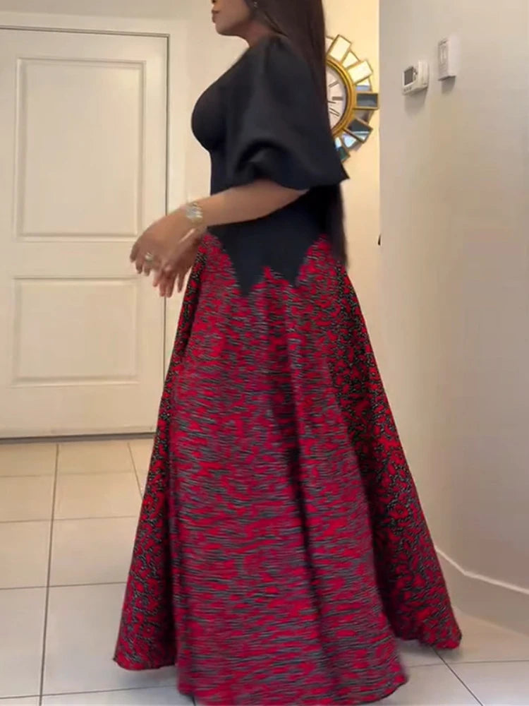 Printed Patchwork Dresses Lantern Sleeves High Waist A Line Maxi