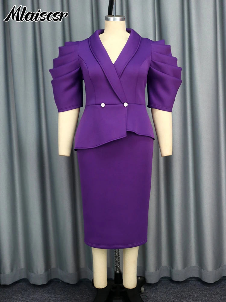 Elegant Bodycon Purple Dresses Woman V-Neck Half Sleeve