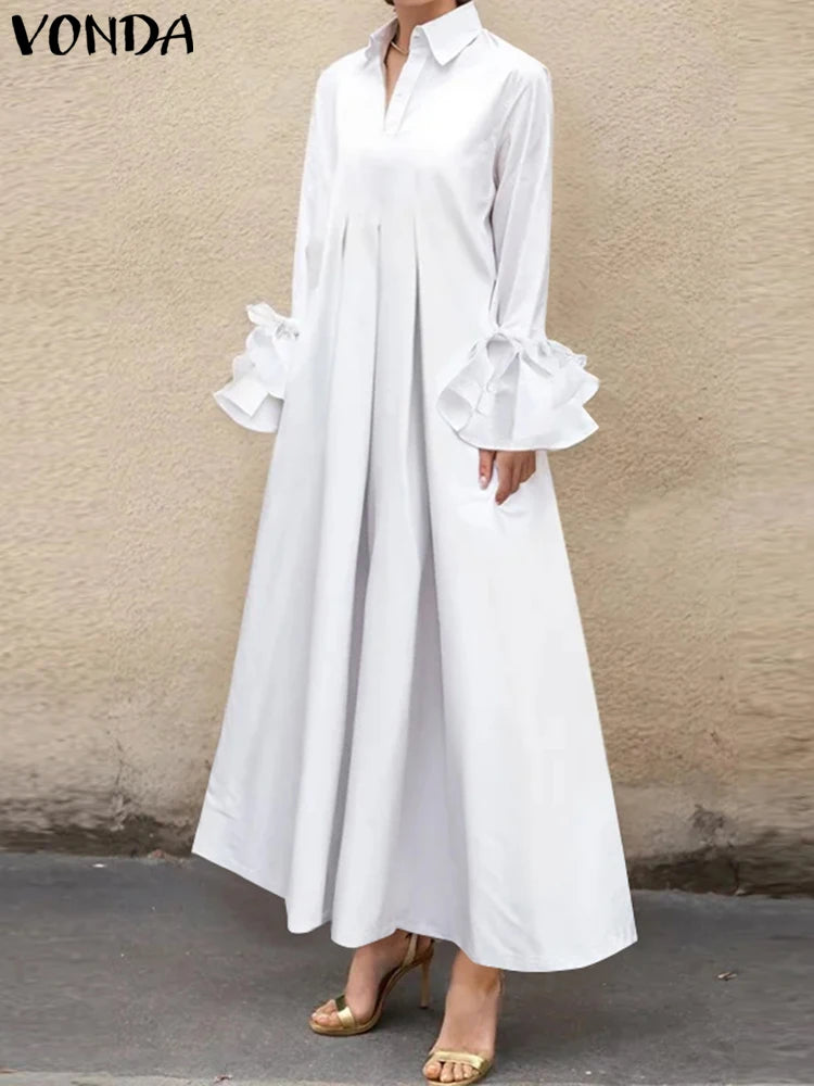 Women Elegant Shirt Dress Ruffle Pleated Maxi Long Dress Casual Loose Denicy