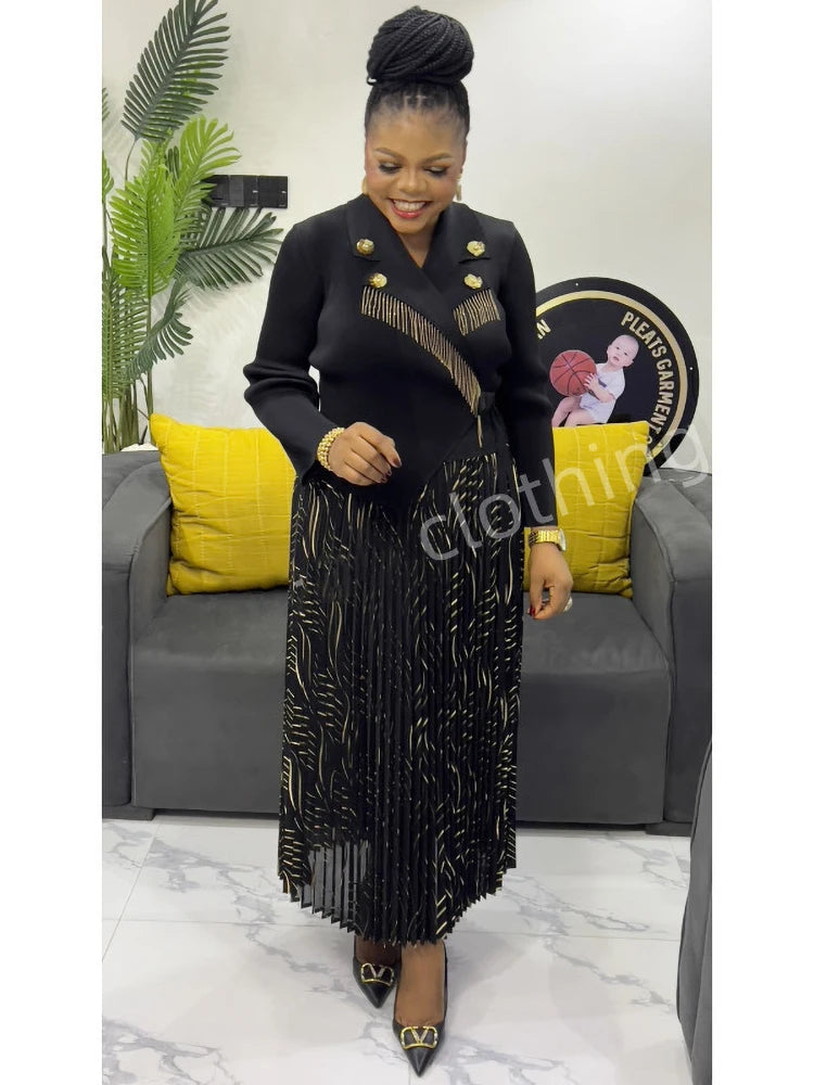 Pleated A-line Dress Suit Collar Mid To Long Cinching Women