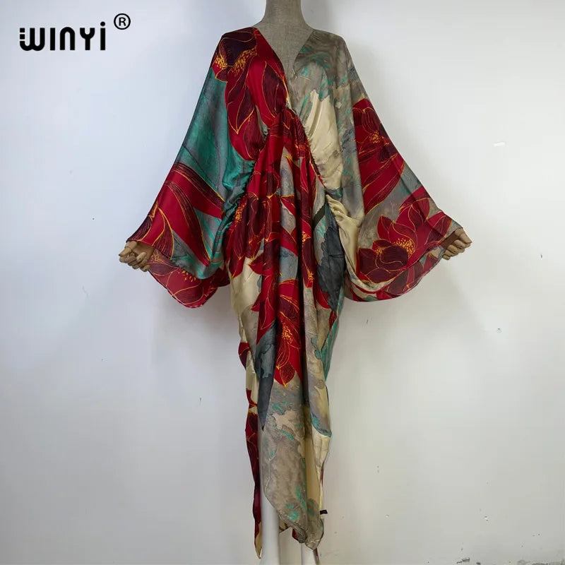 Retro Printed Party Long Dress Women Elegant kaftan Deep V Neck long Sleeve Dress
