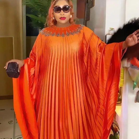 Denicy Plus Size Dresses Long Sleeve Pleated Long Maxi Free SIZE