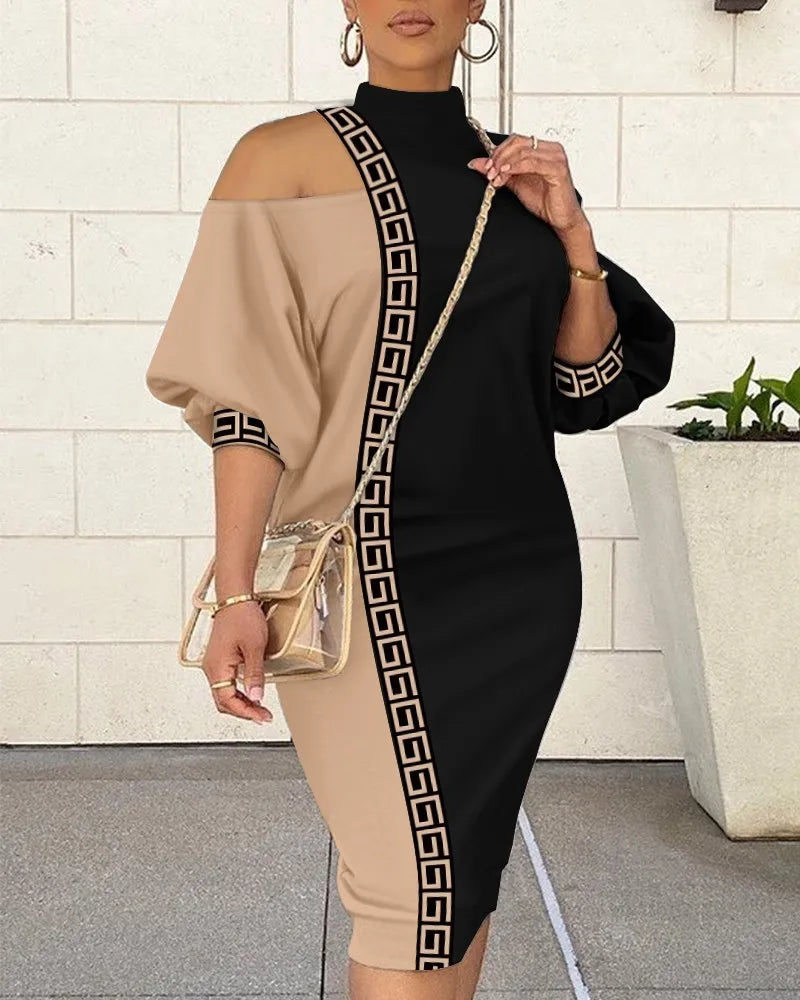 Lantern Sleeve Loose Dress Women Half Sleeve Cutout Colorblock Midi
