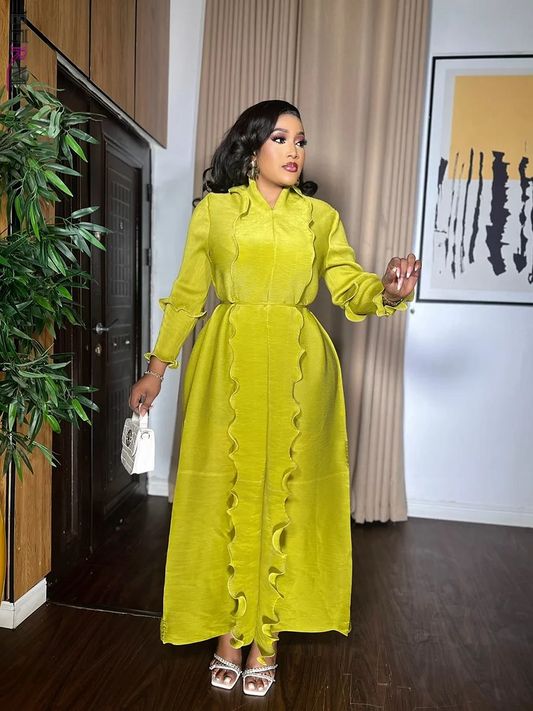 Pleated Maxi Long Dress Solid Ruffles Full Sleeve with Belt Formal Dresses
