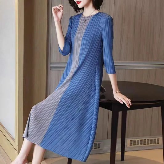 Women Vintage Elegant Summer Casual O Neck 3/4 Sleeve Loose Midi Dress