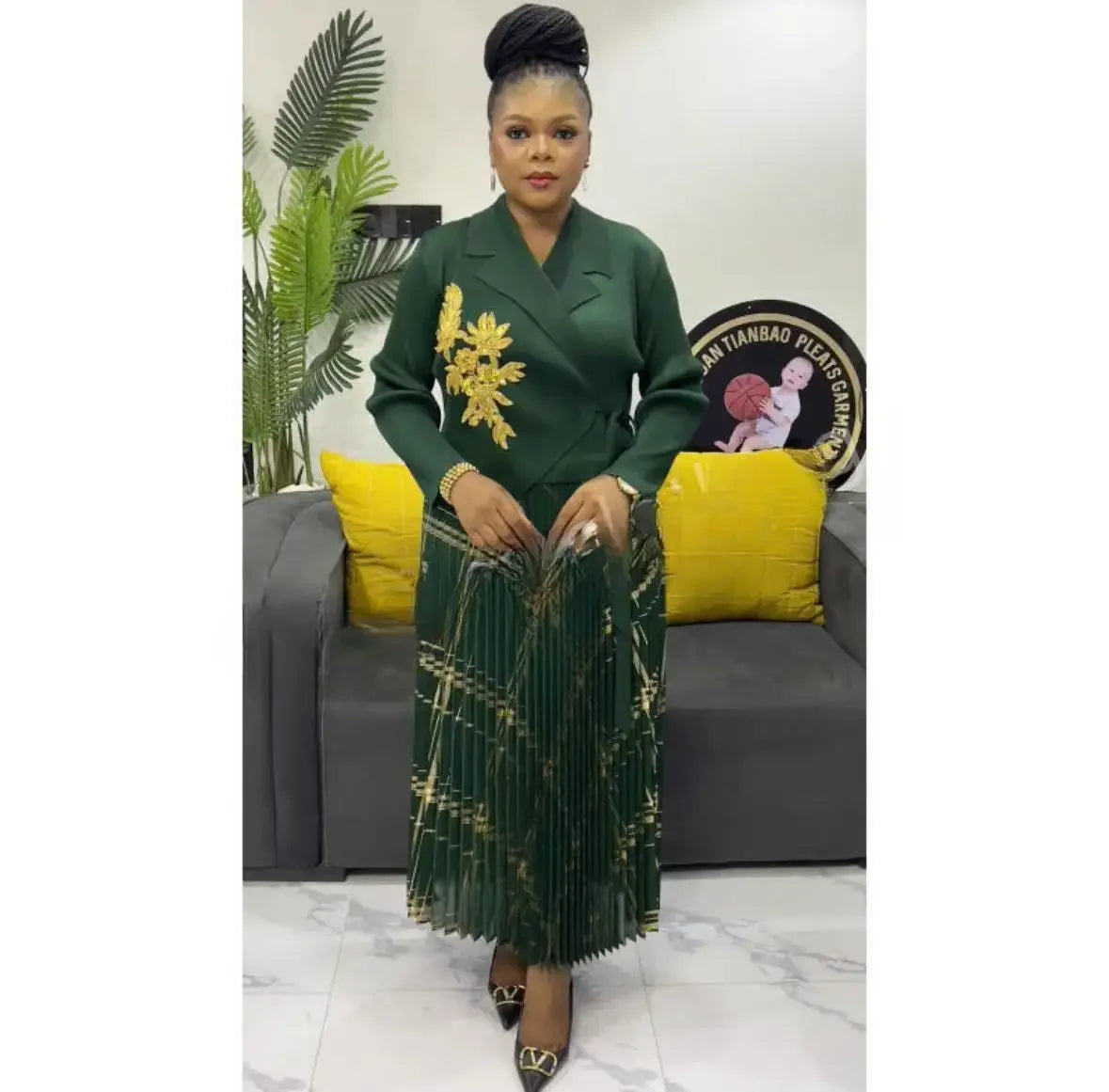 Pleats Dresses Printed Suit Collar Loose Women's Dress