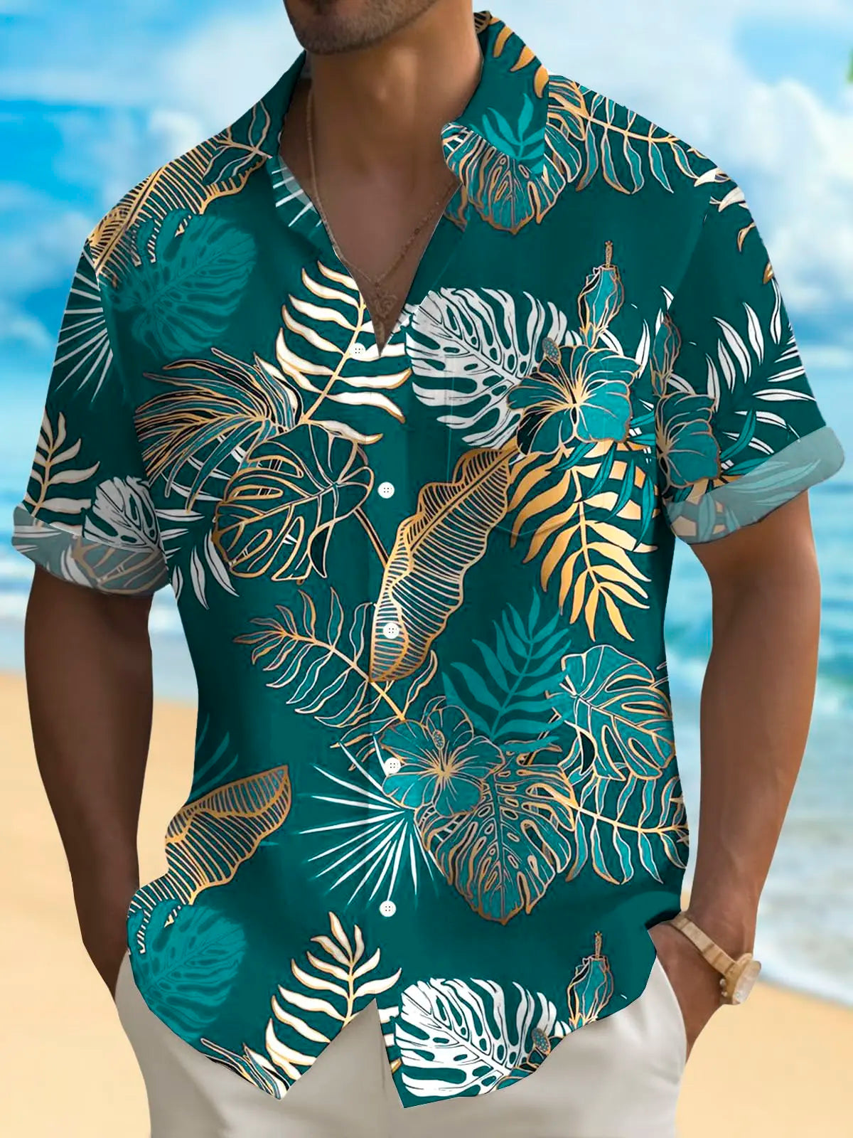 Hawaiian Print Men's Shirt Casual Summer Turndown Short Sleeve Shirt