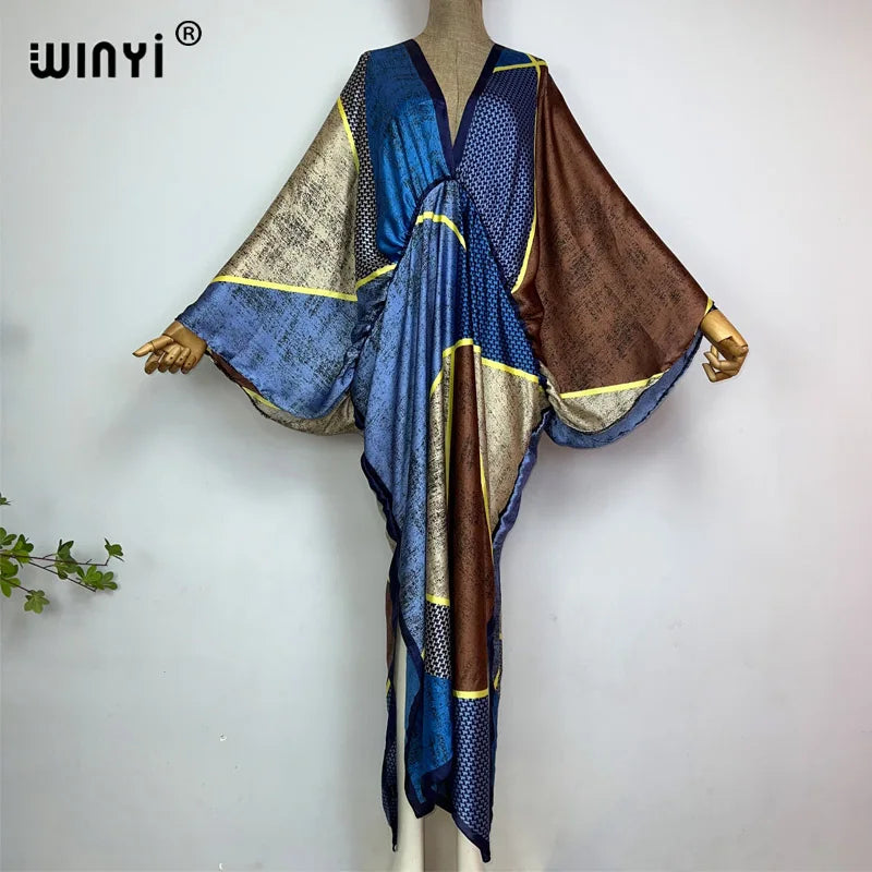 Retro Printed Party Long Dress Women Elegant kaftan Deep V Neck long Sleeve Dress