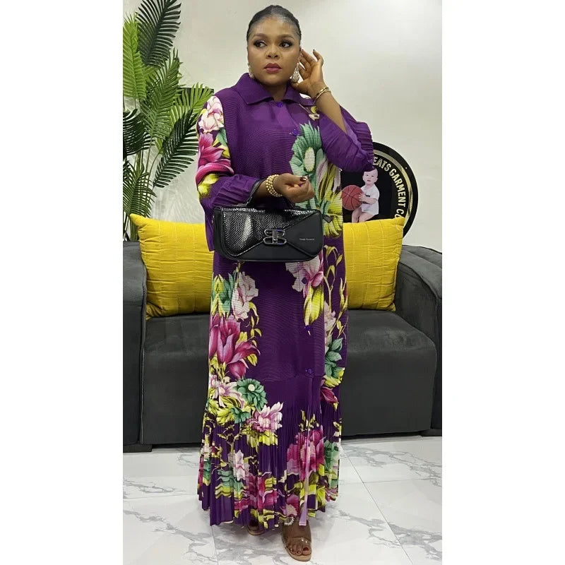 Pleated Elegant Dress Women Bell Sleeve Ruffled Robe Loose Large Size Women's Cardigan Dress