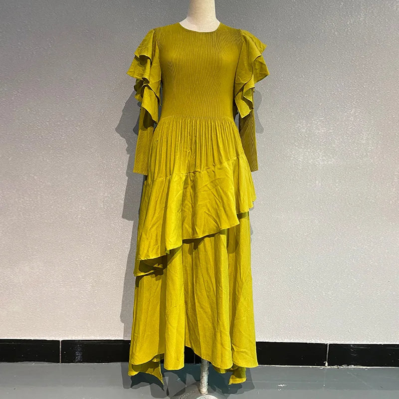 Fashion Pleated Long Dress Long Sleeve Pleated Dresses