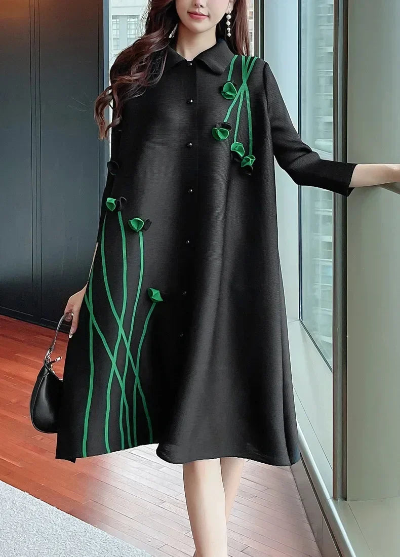 Pleated Dress Dress Lapel Print Loose  Cardigan