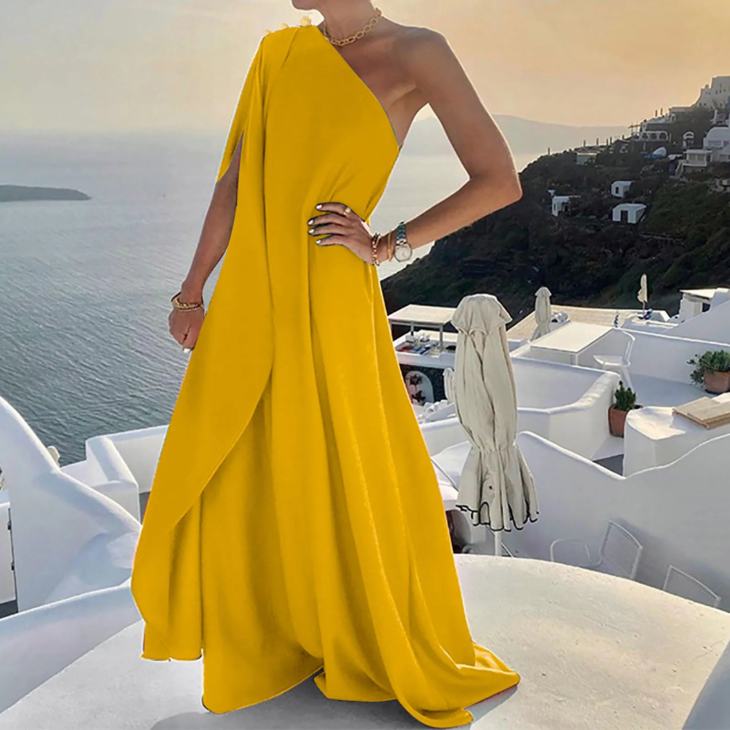One Shoulder Swing Dresses Elegant Ladies Wedding Party Sleeveless Maxi Dress