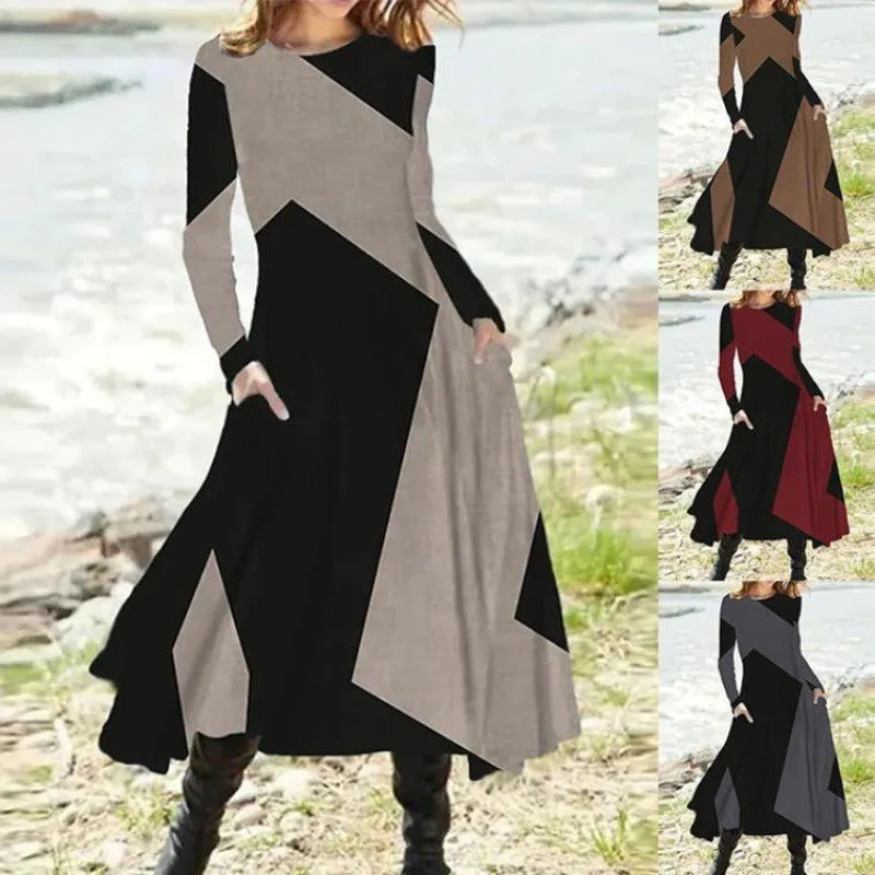 Autumn And Winter Women's Long Sleeve Swing Long Dress Retro Geometric Print Round Neck