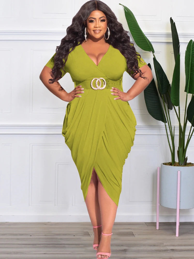 Elegant Dresses Women Short Sleeve V Bodycon Ladies Plus Size Dresses