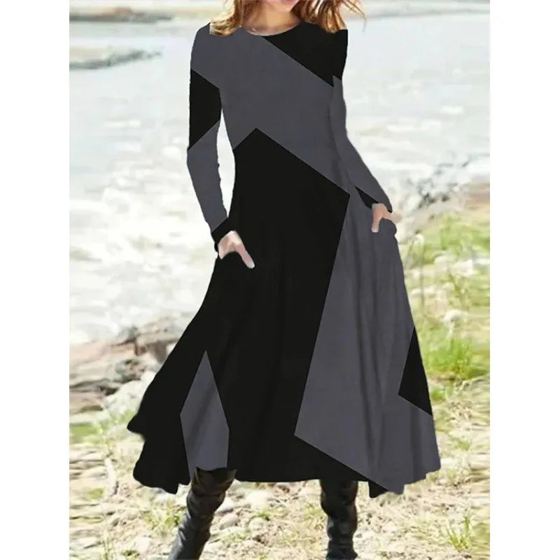 Autumn And Winter Women's Long Sleeve Swing Long Dress Retro Geometric Print Round Neck