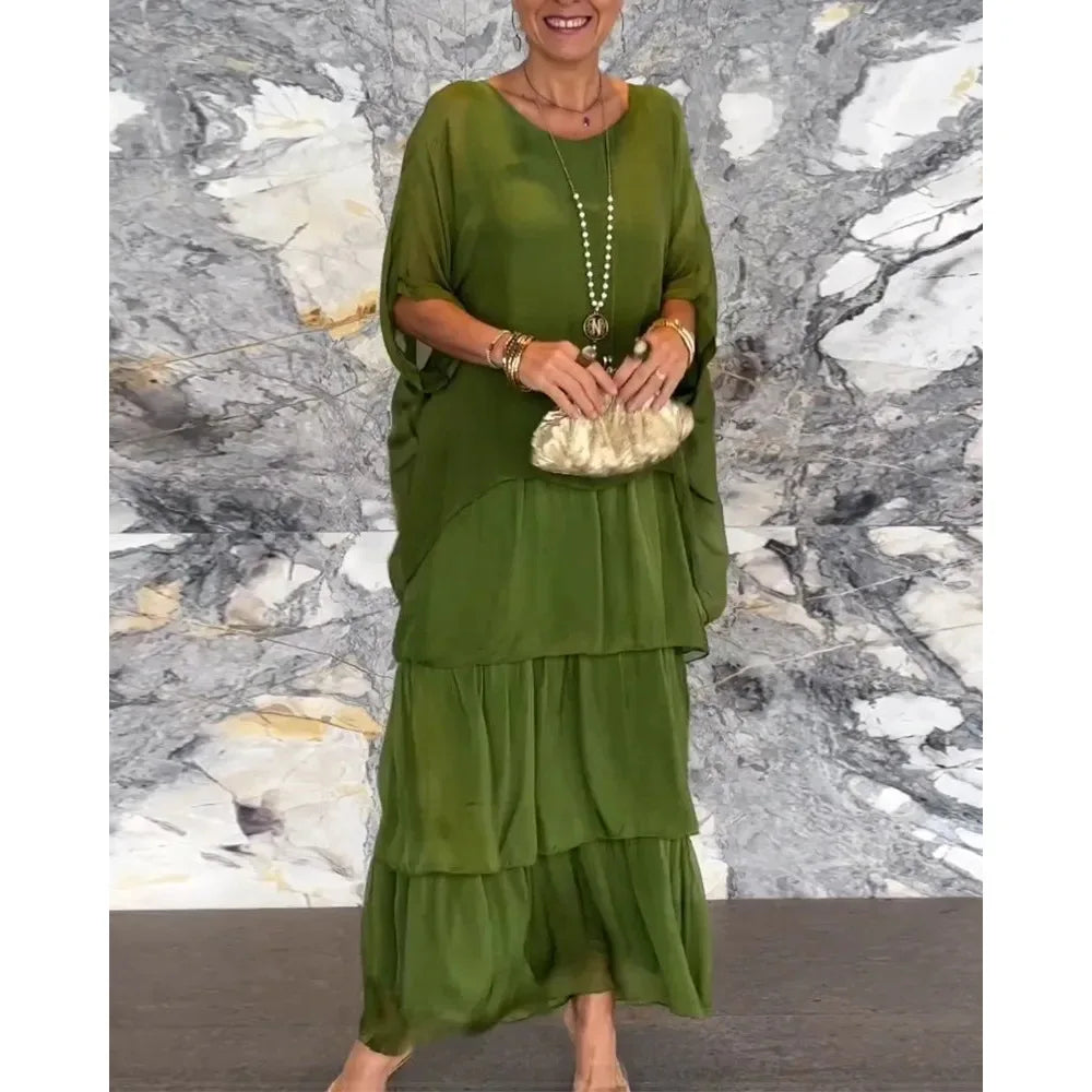 Women's Elegant Long Dress Fashion Round Neck Bat Sleeves Plus Size