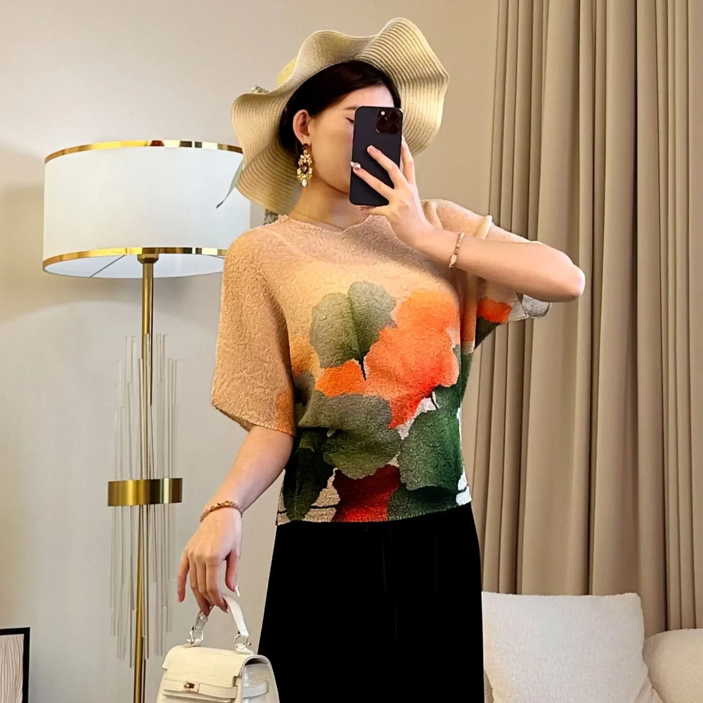 Pleated Top Women Round Neck Short Sleeve Dress
