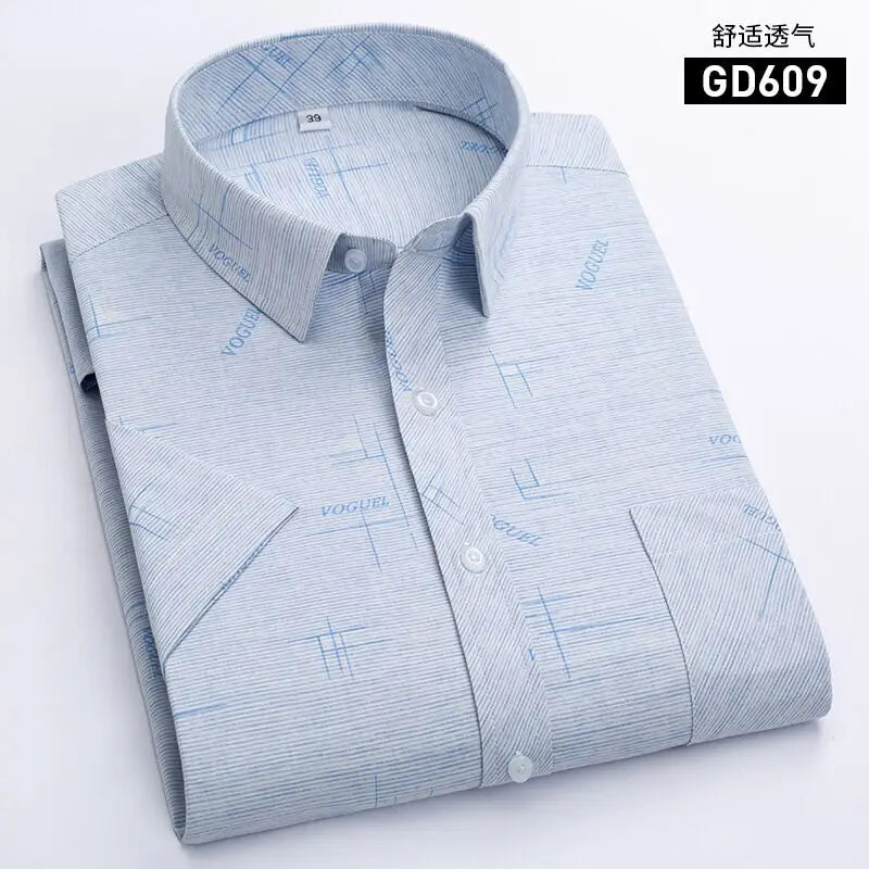 Men's Short-Sleeved White Dress Shirts Classic Plaid Stripes Cotton Slim Business Casual