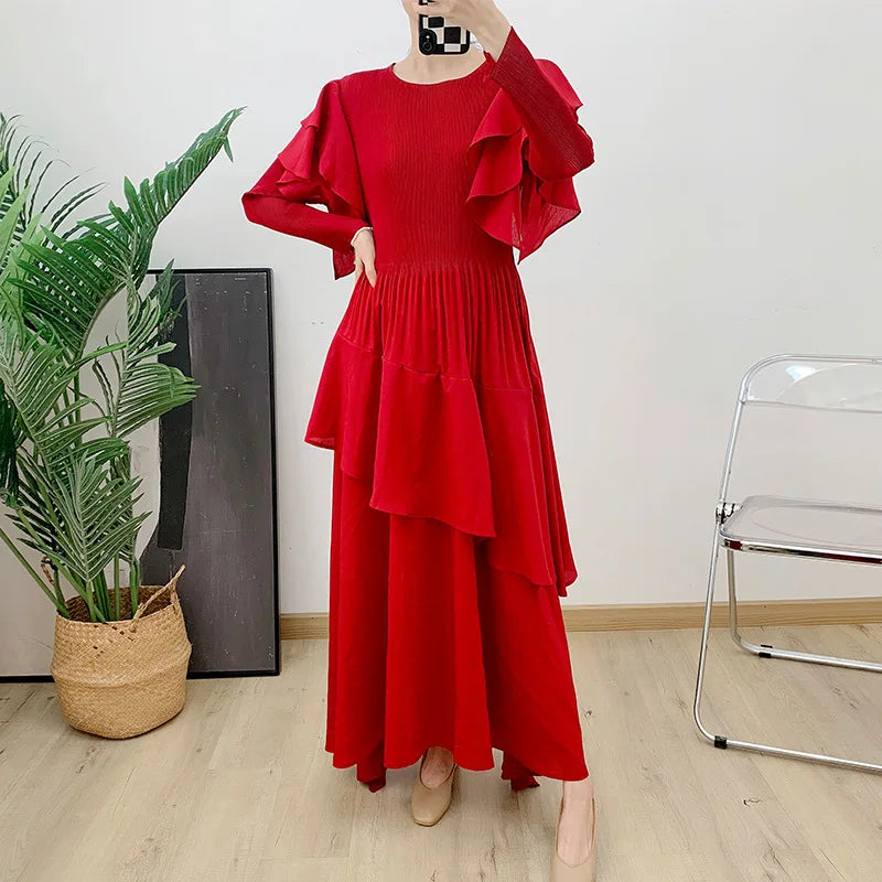 Ruffled Long Dress Long Sleeved Pleated Dress Elegant