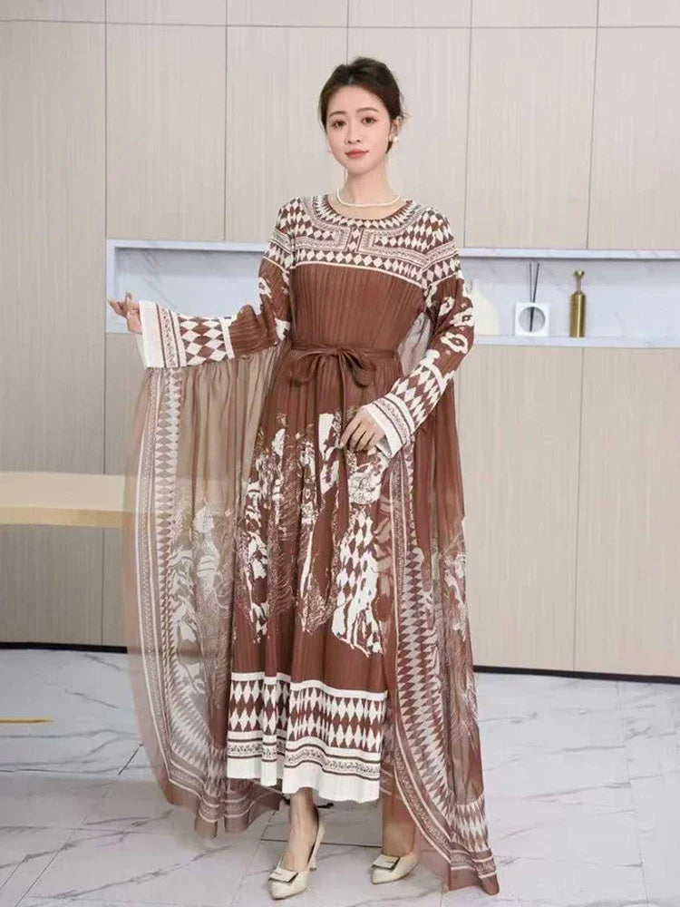 Pleated Maxi Dress 2025 Summer New Elegant Round Neck Long Sleeve Fashion Printed Lace Long Dresses for Women