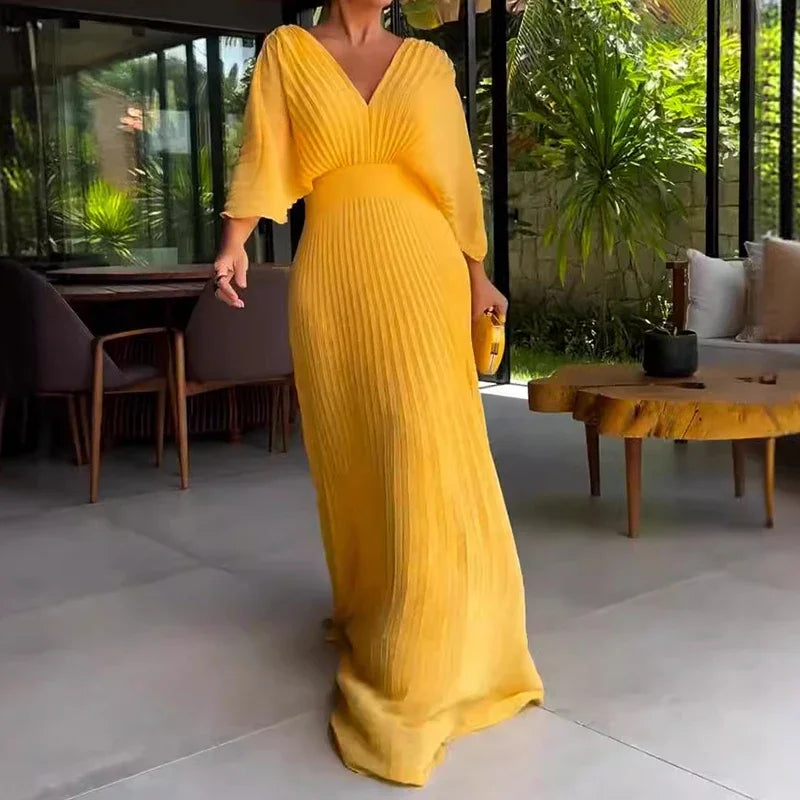 Women's Casual 3/4 Sleeved Dresses Summer Hollow Backless Pleated Long Dress Elegant V-neck High Waist Evening Dress