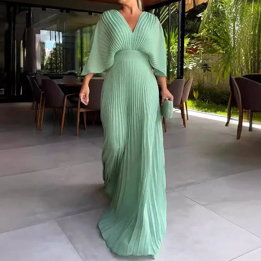 Women's Casual 3/4 Sleeved Dresses Summer Hollow Backless Pleated Long Dress Elegant V-neck High Waist Evening Dress