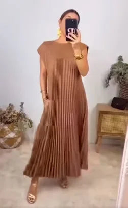 Long Dress Summer O-Neck Sleeveless Pleated Maxi Women's Dress