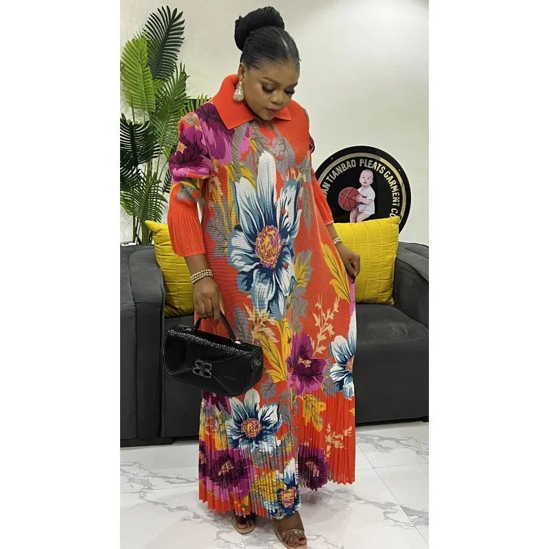 Pleated Elegant Dress Women Bell Sleeve Ruffled Robe Loose Large Size Women's Cardigan Dress